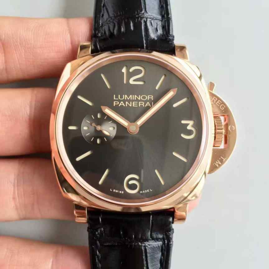 KW厂沛纳海677_42mm_红金女款_放射纹表盘黑_蓝宝石水晶玻璃