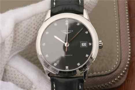 TW浪琴军旗系列L4.774.4.57.2男士机械皮带手表_黑盘带钻